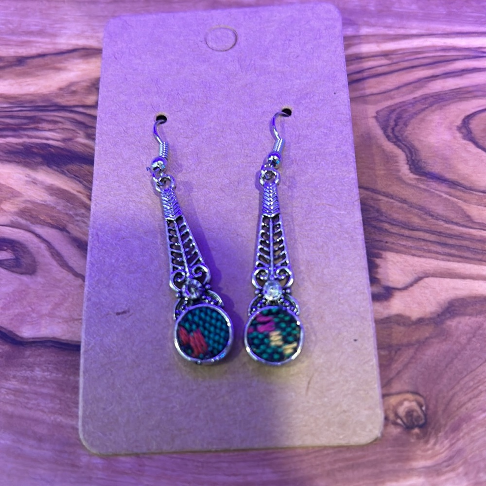NEW Earrings, Silver with Green, Orange and yellow design, 2” - Picture 5 of 7